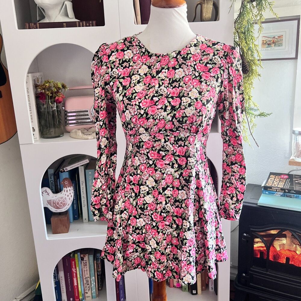 Jota Womens Floral Rayon Vintage Mini Baby Doll Dress‎ Sz S Grungs 90s Padded
